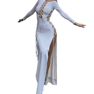 Vestido de otoño para mujer OEM de alta calidad, venta al por mayor, nuevo, sexy, con encaje hueco, ajustado, con abertura, largo, de punto, sencillo. - Product Image 5