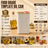 Bidon en fer blanc de 1000 ml de qualité alimentaire, opaque, avec bouchon verseur, impression personnalisée OEM pour l'emballage d'huile d'olive, d'huile d'avocat, de sirop