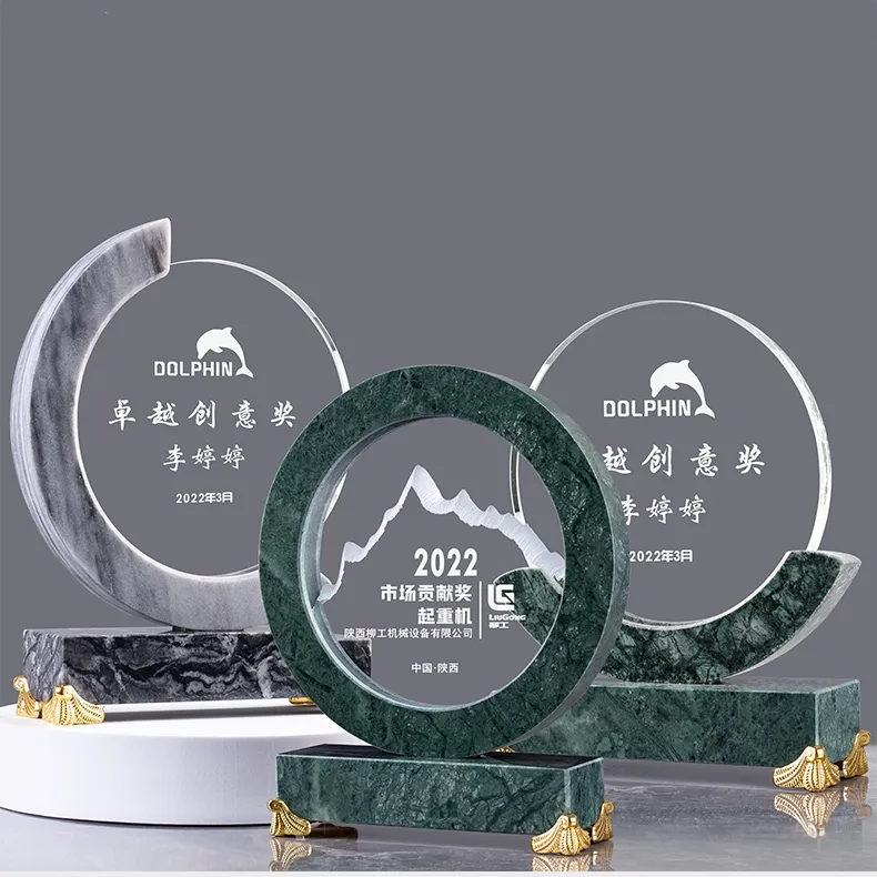 ADL K9クリスタルガラス大理石と白い翡翠の木製ベーストロフィーと高品質でカスタマイズされたロゴの賞