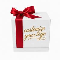 Boîte cadeau carrée en papier blanc Leabon avec ruban en satin rouge et nœud, logo personnalisé en feuille d'or, luxe, pour mariage, vente en gros, directement de l'usine
