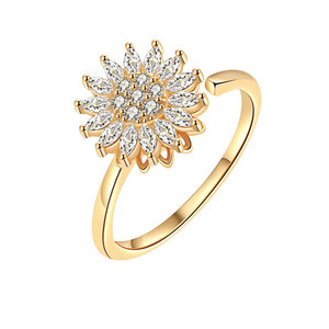 <b>Womens</b> Tarnish Free Fidget <b>Rings</b> Claw <b>Set</b> Marquise Cut Cubic Zirconia Copper Gold Plated Sun Flower Jewellery For Anxiety - Product Image 1