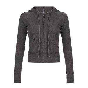 Sweat à capuche pour femme, couleur unie, taille à cordon de serrage, bordure côtelée, poche zippée, panneaux - Product Image 6