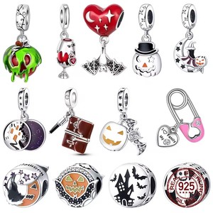 Pendentif en argent sterling 925, motif crâne, chauve-souris et citrouille, thème chrétien et Halloween, compatible avec les bracelets originaux Pandora et les perles breloques Dora - Product Image 1