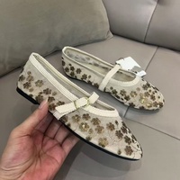 ZA 2026 Nouvelle Collection Automne – Sandales Plates Brodées en Soie Filet avec Perles et Rayures, Boutons, pour Femme – Chaussures Ballerines