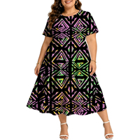 Gaun Midi Ruffle Bertingkat Motif Tato Tribal Frangipani Putih Biru Emas untuk Wanita, Lengan Pendek, Model Flowy, Cocok untuk Liburan di Pulau Pasifik dan Sehari-hari