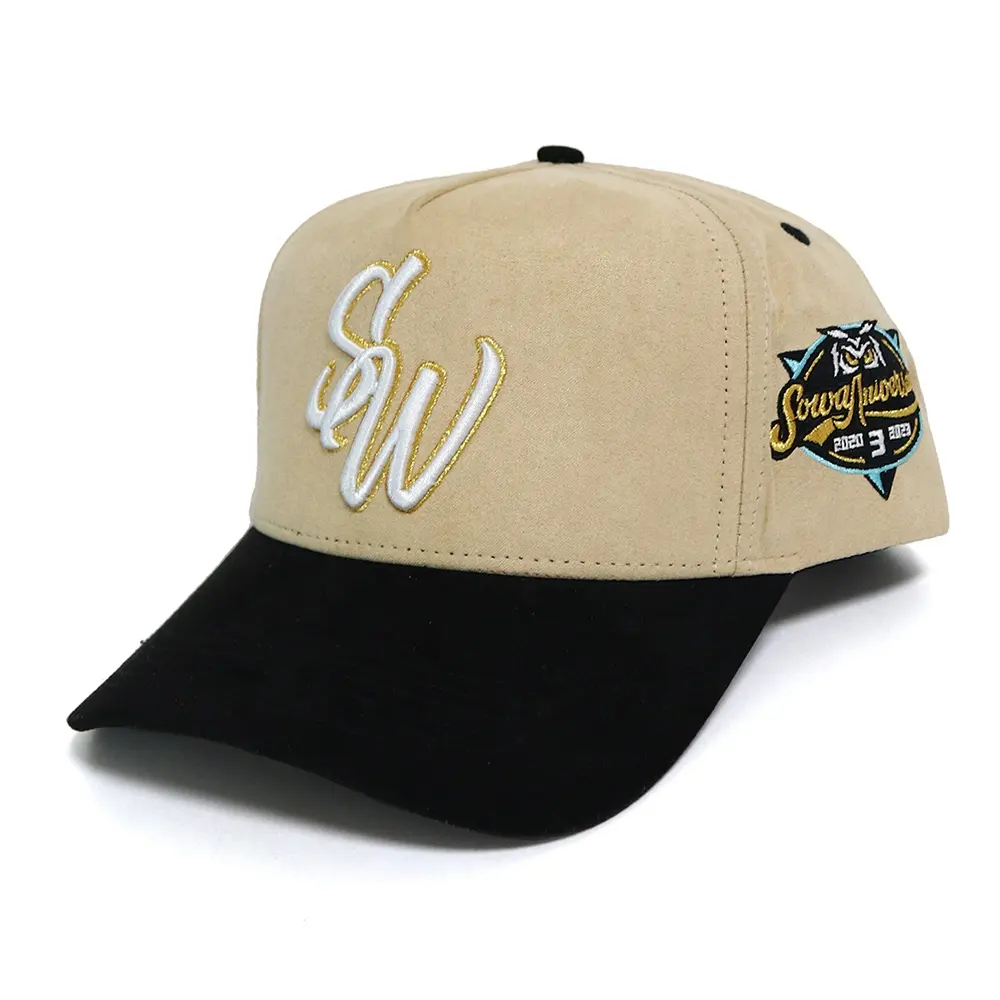 BSCI, sombrero de tela de gamuza de dos tonos, gorras de béisbol de ala curva con logotipo bordado en 3D de 5 paneles personalizadas