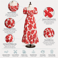 Robe midi en viscose 180 GSM pour femme, décontractée, pour soirée, imprimé floral abstrait, coupe trapèze fluide, douce et confortable, logo personnalisé OEM ODM XS-5XL