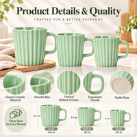 Ensemble de tasses en céramique à nervures verticales, 3 tailles, couleur pastel, tasse à café, logo personnalisé, cadeau, tasse à boire en porcelaine, vente en gros