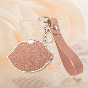 Lip Shaped Metal Frame Plastic <b>Compact</b> <b>Mirror</b> Keychain Double-Sided Folding Silver Finish Travel Pocket Purse Charm - Product Image 1