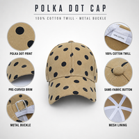 Casquette de baseball à pois avec logo personnalisé, vente en gros, 100% coton sergé, boucle métallique, visière pré-courbée, ajustable, approvisionnement en vrac