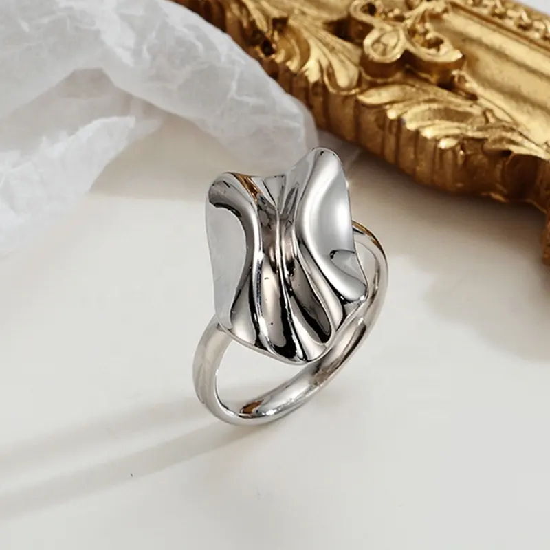 Icebela S925 الفضة الإسترلينية التنغستن حلقات الفرقة الزفاف المصقول قابل للتعديل خاتم نسائي غير منتظم للفتيات