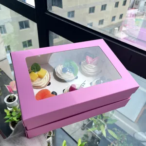 热销纸板6 12孔杯蛋糕盒新款设计粉色纸杯蛋糕包装盒带盖