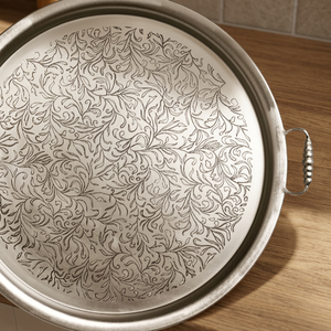 Bandeja Redonda de Acero Inoxidable Grabada Estilo Vintage, Plato Decorativo de Metal para Mesa de Comedor, Fiestas y Eventos - Product Image 5