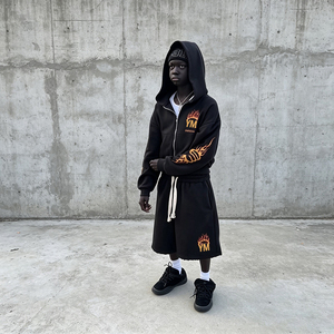 OEM Custom Sweatshirt <strong>Shorts</strong> <strong>Set</strong> Vintage Streetwear Drawstring Raw Hem Casual Loose Zip up <strong>Hoodie</strong> <strong>and</strong> <strong>Shorts</strong> Two Piece <strong>Set</strong> <strong>Men</strong> - Product Image 3