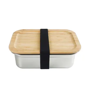 Factory Tiffin Box 800ml Rectangular Stainless Steel Lunch Box Kids Food Container Metal Bento Box With Bamboo Lid