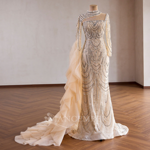 Rsm261026 Long Sleeve Evening Dress Champagne Turtle Color Lace-Up Back Beaded Crystal Detail For Prom Dress Jancember - Product Image 2
