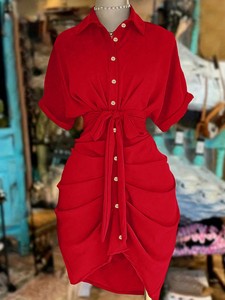 <span class=keywords><strong>Robe</strong></span> <span class=keywords><strong>chemise</strong></span> décontractée d'été pour femme, élégante et unie, à col montant et taille naturelle, à manches courtes, vente en gros - Product Image 3