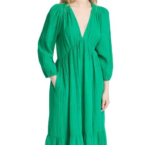 春季高品质柠檬绿色连衣裙v领长袖荷叶边荷叶边翠绿色连衣裙