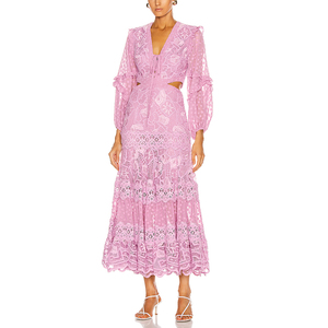 Abito lungo da donna elegante a vita alta con scollo a vita alta a <span class=keywords><strong>maniche</strong></span> <span class=keywords><strong>lunghe</strong></span> in pizzo rosa arricciato a <span class=keywords><strong>maniche</strong></span> <span class=keywords><strong>lunghe</strong></span> - Product Image 2