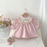 Robe à col en dentelle pour filles, printemps et automne, broderie florale, jupe de princesse, vêtements doux pour enfants