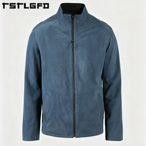 Custom Blue <b>Suede</b> <b>Jacket</b> Reversible Navy Leather Stand Collar Smart Casual Panelled Double Sided Coat Wholesale Bulk - Product Image 4