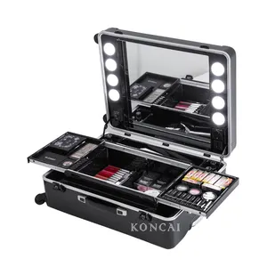 KONCAI FAMA Certificated Factory Moulding PC Shell Makeup Station Beauty Case Cosmetics Case With Lights Makeup Trolley Bag
