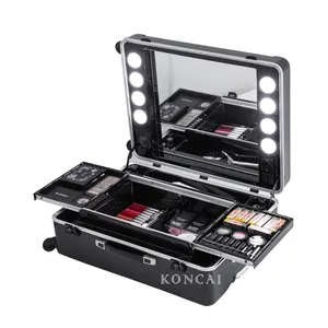 KONCAI FAMA certificated factory Moulding PC Shell Makeup Station Beauty Case Cosmetics Case with lights Makeup Trolley Bag