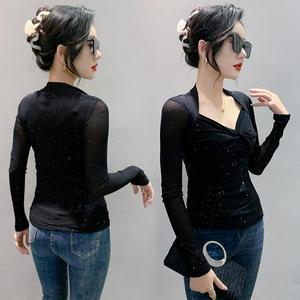 เสื้อยืดซีทรูเซ็กซี่รัดรูปสำหรับผู้หญิง แขนยาว คอลึก ทรงเข้ารูปพิเศษ ดีไซน์คอวี ผ้าตาข่าย สำหรับต้นฤดูใบไม้ร่วง - Product Image 4