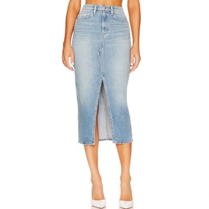 Jupes en jean pour femmes, coupe décontractée, avec fente avant, bleu délavé, de haute qualité, personnalisables, style créateur, vente en gros - Product Image 2