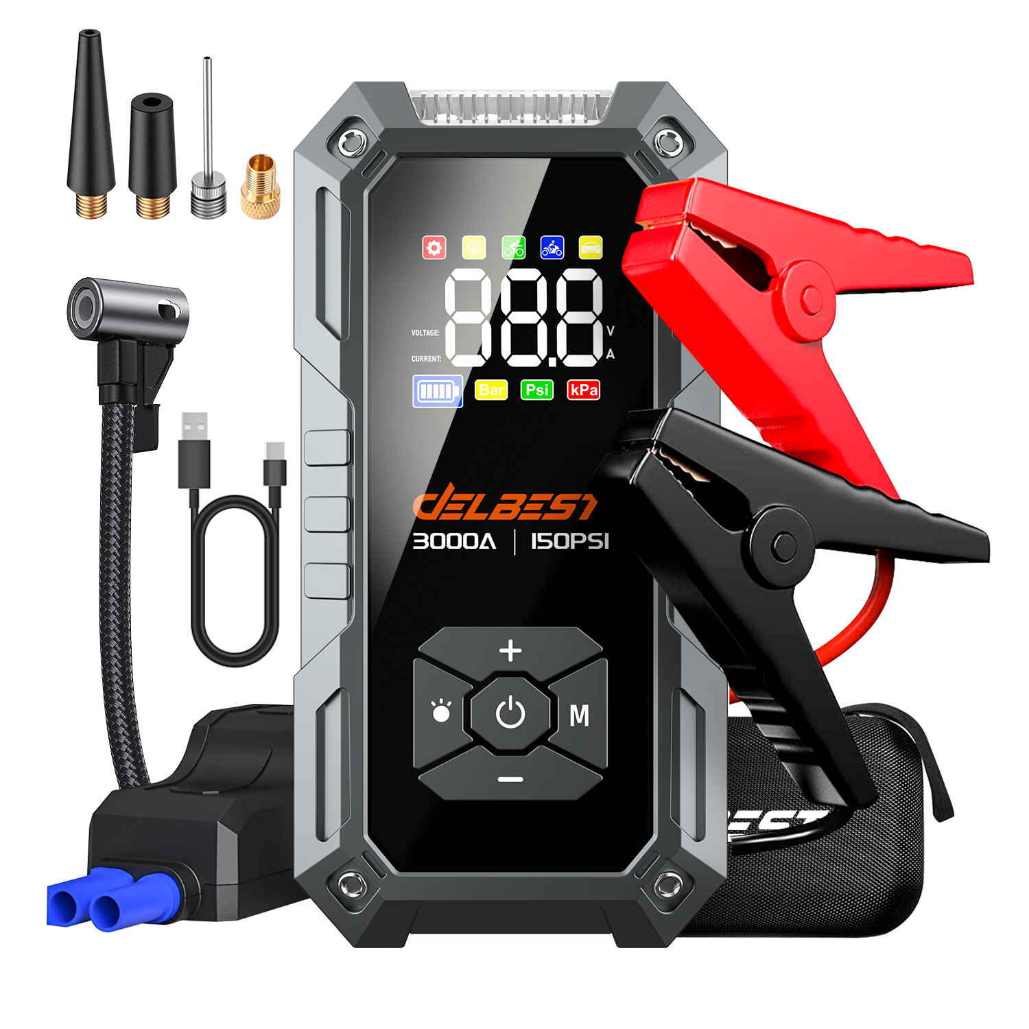 <strong>2026</strong> New 3000A Heavy Duty Car <strong>Jump</strong> Starter <strong>12V</strong> Battery Booster with 150PSI Air Compressor LCD Screen CE/FCC Certified