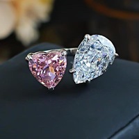 Nouvel ensemble de bagues en forme de goutte d'amour à double pierre en zircon rose contrastant, serties de diamants à haute teneur en carbone, bijoux ouverts