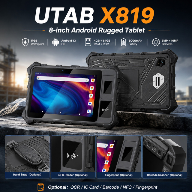 UTAB X819 8 Inch Rugged Tablet Android 13 IP65 NFC Barcode Scanner Smart Card OCR Industrial Tablet