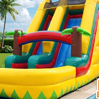 Toboggan aquatique gonflable géant d'aventure tropicale, qualité commerciale, toboggan sauteur palmier, matériau PVC 0,55 mm, installation facile, souffleur inclus