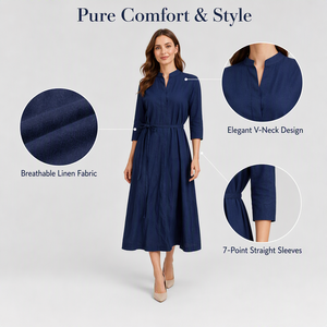 <span class=keywords><strong>Abito</strong></span> Midi da Donna <span class=keywords><strong>Blu</strong></span> Navy in Misto Cotone e <span class=keywords><strong>Lino</strong></span>, Collo Alto, Maniche 3/4, Cintura Annodabile, Vestito Casual Ampio e Dritto con Tasche - Product Image 4