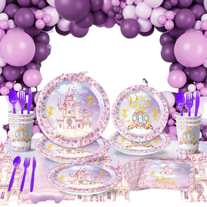 Vajilla de Papel para Fiesta de Cumpleaños Infantil con Temática de Castillo Morado Moderno, Mantel, 80-100 Piezas, Artículos de Decoración para Cumpleaños de Bebé - Product Image 1