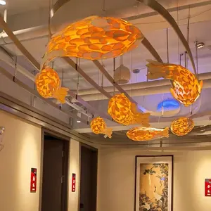 ECOJAS 대형 맞춤형 물고기 샹들리에 크리 에이 티브 수제 중국어 나무 물고기 펜던트 조명 아트 LED 디자인 램프