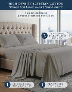 Set <span class=keywords><strong>Lenzuola</strong></span> Matrimoniale Moderno 100% <span class=keywords><strong>Cotone</strong></span> Egiziano, Tessuto Sateen, 4 Pezzi, Rinfrescante e Traspirante, Vestibilità Perfetta, Lenzuolo con Angoli Profondi 38 cm - Product Image 2