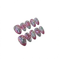 Lot de 10 faux ongles Aurora sirène courts en amande, faits à la main, à presser, réutilisables, de luxe, avec fleurs 3D, pour les vacances d'été