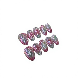 Lot de 10 <span class=keywords><strong>faux</strong></span> <span class=keywords><strong>ongles</strong></span> Aurora sirène courts en amande, faits à la main, à presser, réutilisables, de luxe, avec fleurs 3D, pour les vacances <span class=keywords><strong>d</strong></span>'<span class=keywords><strong>été</strong></span> - Product Image 4