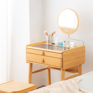 Bamboo <b>Dressing</b> <b>Table</b> With Mirror <b>Storage</b> Drawer Bedroom Makeup Vanity Minimalist Modern Style - Product Image 3