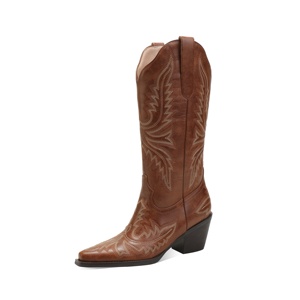 Women's Cowboy Cowgirl <strong>Boots</strong> Pointed Toe Knee-<strong>High</strong> Western Rodeo with 6cm Chunky <strong>Heel</strong> <strong>Brown</strong> <strong>Boots</strong> for Ladies - Product Image 1
