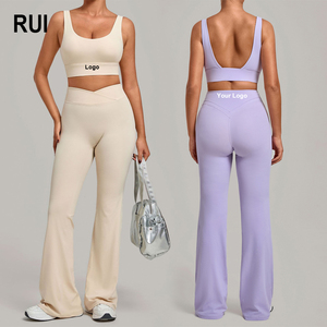 RUIQUWIN Ensemble de fitness d'été pour femmes, séchage rapide, sans couture, yoga, taille haute, extensible dans les 4 sens, pantalon évasé - Product Image 1