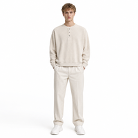 Sweat-shirt Henley en tricot gaufré épais, vente en gros directe d'usine, pull en molleton uni personnalisé pour homme avec boutons-pression