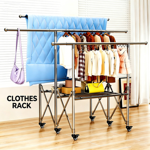 Séchoir à linge <span class=keywords><strong>mobile</strong></span> robuste en acier inoxydable à 6 roues pour intérieur et extérieur, pliable et extensible - Product Image 4