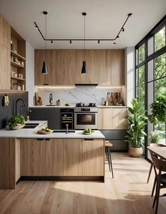Vermonhouzz Armoires <span class=keywords><strong>de</strong></span> <span class=keywords><strong>cuisine</strong></span> modernes sur mesure en <span class=keywords><strong>bois</strong></span> naturel bicolore et gris mat avec <span class=keywords><strong>plan</strong></span> <span class=keywords><strong>de</strong></span> <span class=keywords><strong>travail</strong></span> en pierre veinée <span class=keywords><strong>de</strong></span> marbre - Product Image 2