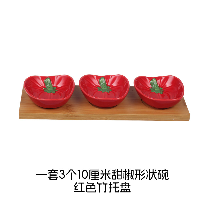 Lot de 3 bols en forme de poivron de 10 cm - plateau en bambou rouge