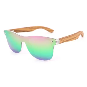 Custom one piece rainbow color lenses plastic frame wooden arm sunglasses for women