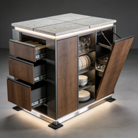 Meubles de cuisine modernes en bois naturel avec armoires supérieures en verre rétroéclairé, îlot en marbre et tiroirs à fermeture douce