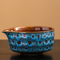 Bol à matcha en céramique bleu émaillé à texture bulle, avec bec verseur, accessoire pour ensemble de carafe Chawan