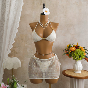 Conjunto de bikini de 3 piezas de ganchillo para mujer, traje de baño triangular con cuello halter, minifalda de malla de red, ropa de playa de verano al por mayor - Product Image 6